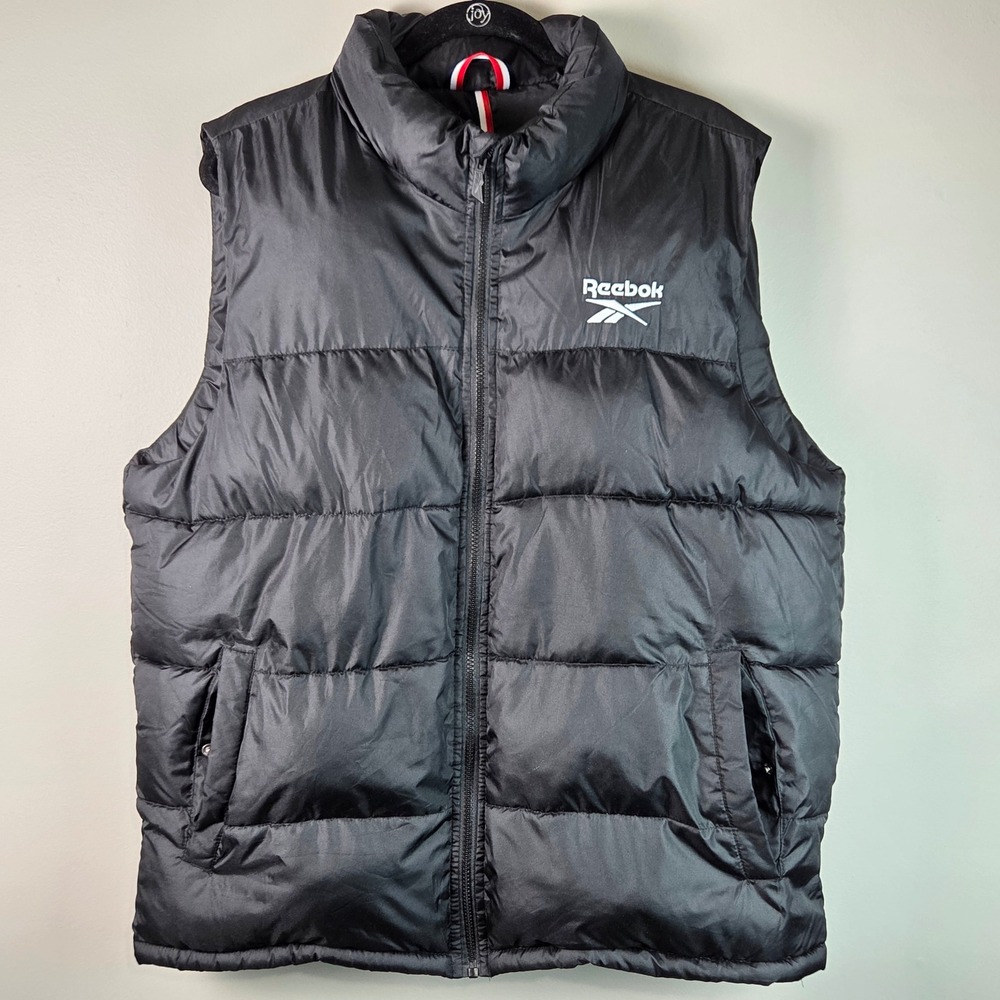 Reebok Puffer Vest Mens Large Black Excellent OMRB1349 Quilted Sleeveless Jacket